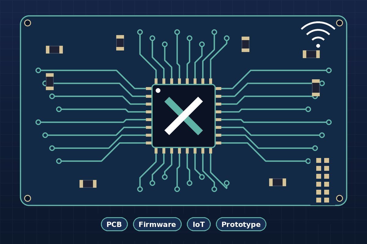 Circuit board with a microcontroller chip, traces and a Wi-Fi symbol
